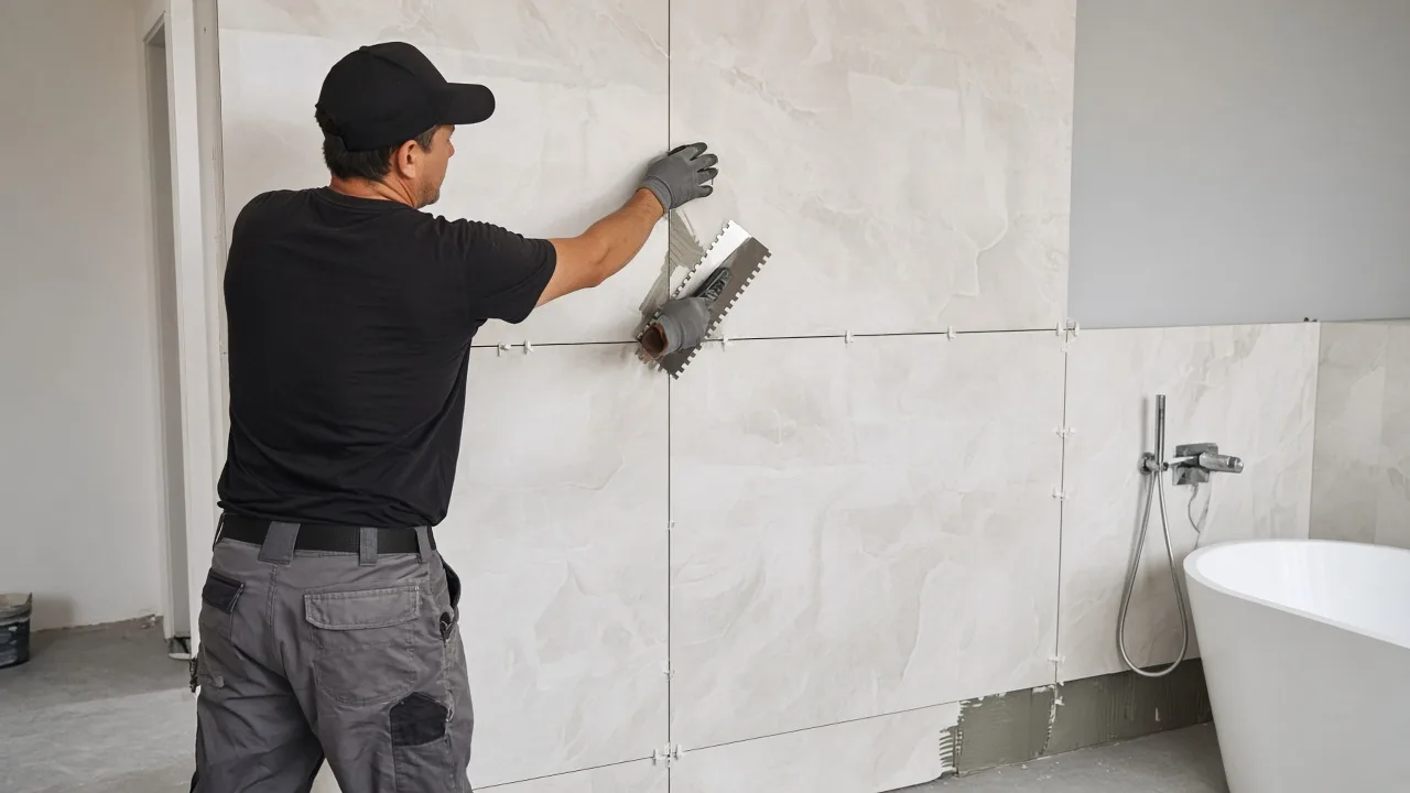 Gaziantep fayans ustası banyo duvarında kalebodur döşerken